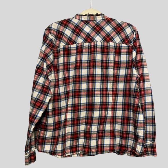 J.CREW Women’s Festive Holiday Plaid Flannel Ruffle Neck Trim Button Up Shirt - Picture 3 of 7
